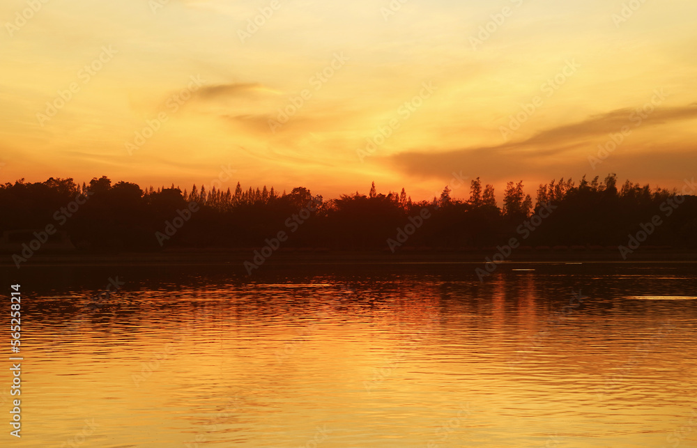 Amazing Golden Sunrise Sky Over the Lake