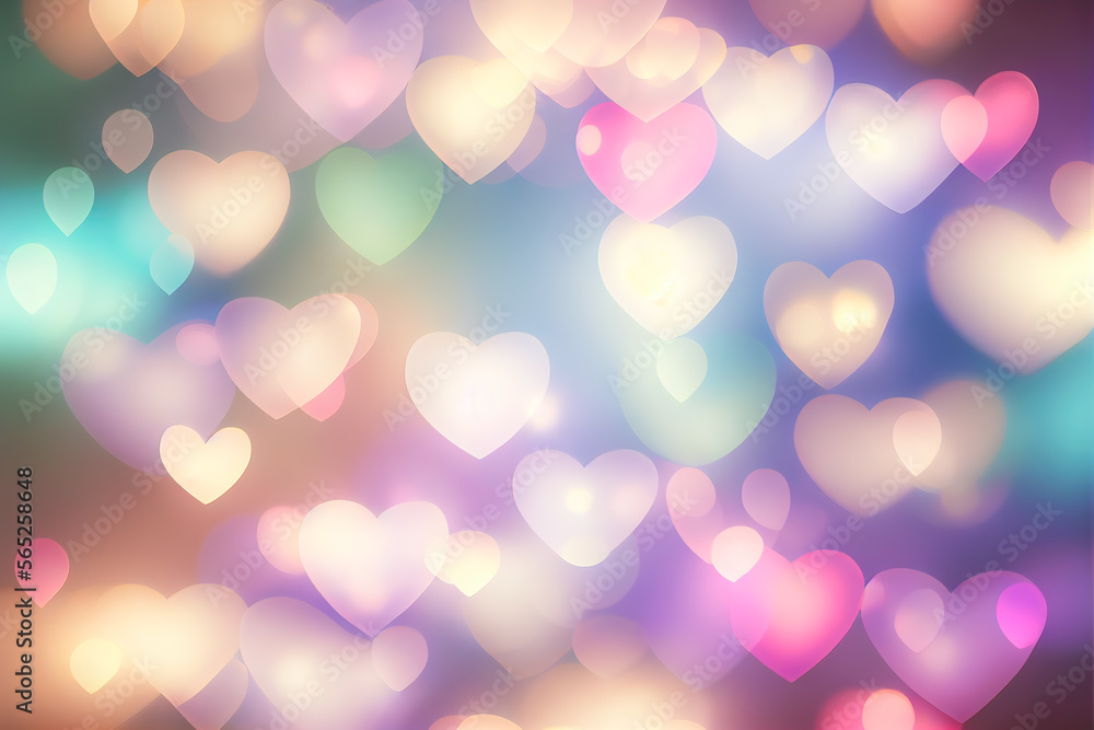Abstract texture of bokeh heart shaped light. Love Valentine day concept. Sparkling light background
