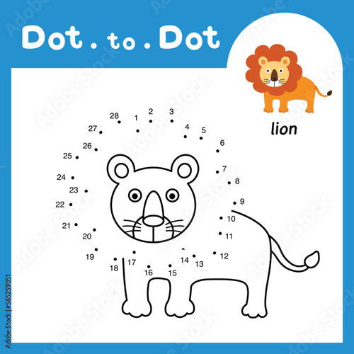 Dot to dot educational game and coloring book of lion animal cartoon for preschool kids activity about learning counting number and handwriting practice worksheet. vector illustration