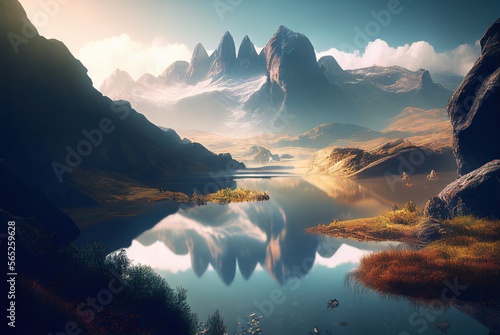 Beautiful landscape with water lake and mountain. Generative AI