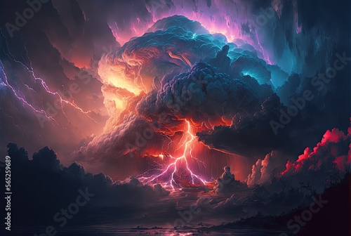 Fototapeta Sky with thunderous clouds. Digital painting style. Generative AI