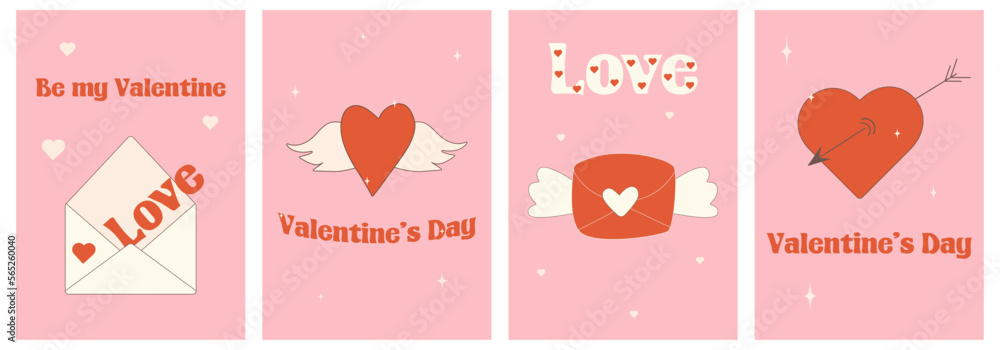 Valentine's day greeting card set.Posters for Valentine's Day.Happy Valentines Day. Set retro groovy posters for Valentine's day.Trendy retro 90s style.y2k.Cartoon style.2000s.Clipart.