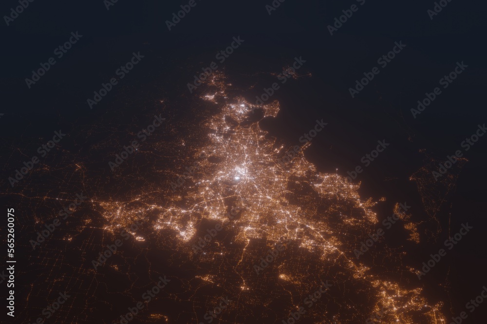 Fototapeta premium Aerial shot of Brisbane (Australia) at night, view from south. Imitation of satellite view on modern city with street lights and glow effect. 3d render