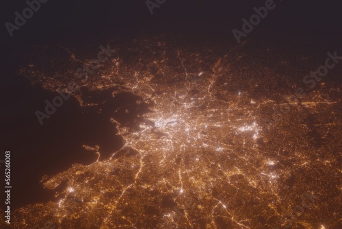 Aerial shot of Boston (Massachusets, USA) at night, view from north. Imitation of satellite view on modern city with street lights and glow effect. 3d render