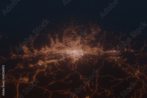 Aerial shot of Ulanbaatar (Mongolia) at night, view from south. Imitation of satellite view on modern city with street lights and glow effect. 3d render