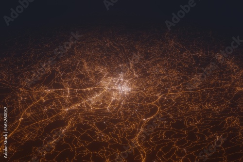 Aerial shot on Maribor (Slovenia) at night, view from east. Imitation of satellite view on modern city with street lights and glow effect. 3d render