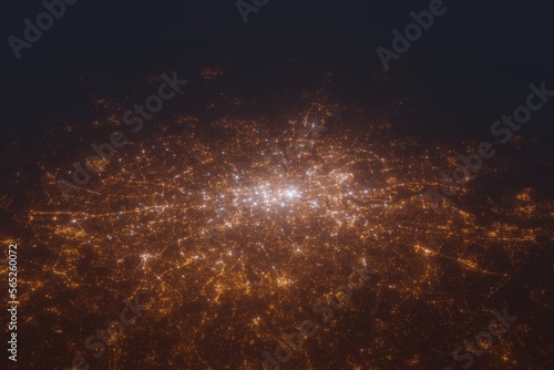 Aerial shot of London (England, UK) at night, view from south. Imitation of satellite view on modern city with street lights and glow effect. 3d render © Hairem