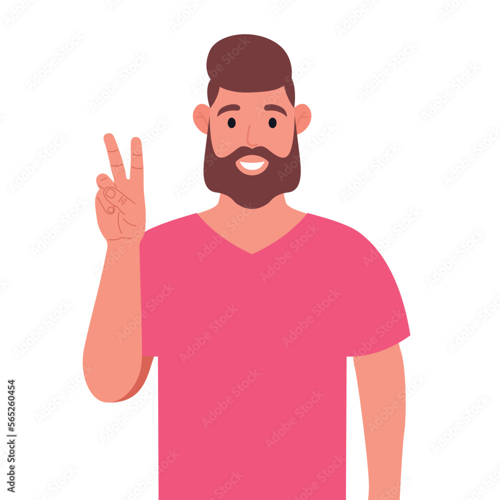 Bearded man in pink t-shirt shows victory gesture. A sign of success and peace. Vector illustration.