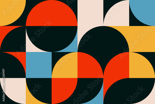Abstract retro geometric seamless pattern in the Bauhaus style with grid and tile geo squares, triangles, semicircles and half-circles shape tileable background design