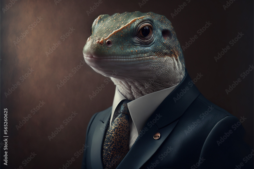 Portrait of a Lizard dressed in a formal business suit, generative ai