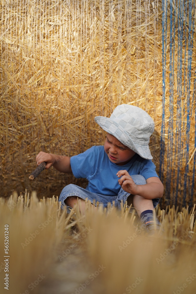 Little adorable baby boy with big brown eyes in a hat sits in a field near haystacks at sunset in summer, and looks at a blade of grass. Selective focus