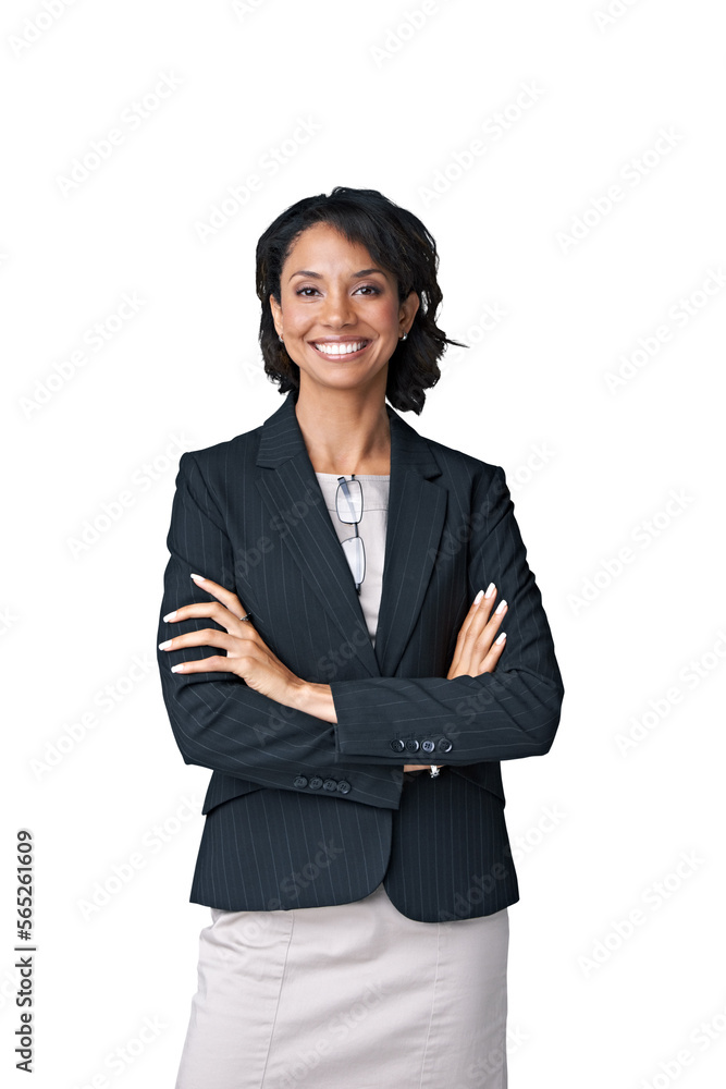 A portrait of a successful businesswoman posing with her hands crossed in business wear Isolated on a PNG background. A portrait of a successful businesswoman posing with her hands crossed in business wear Isolated on a PNG background.