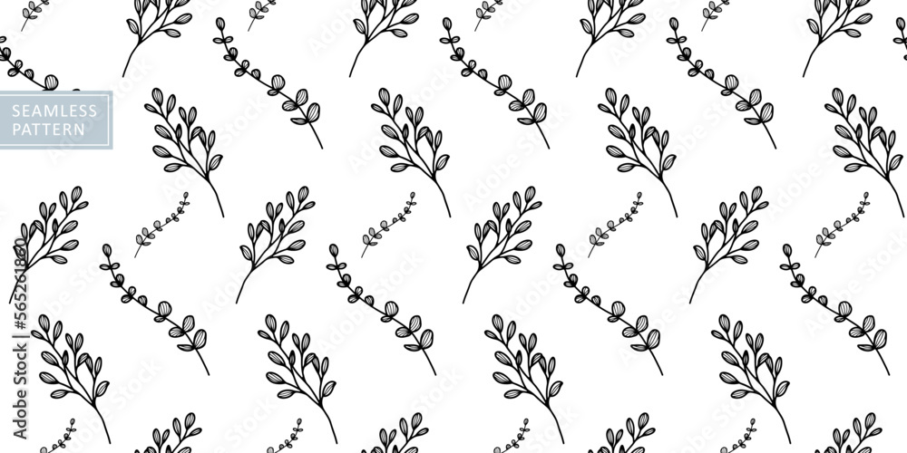 Stylish vector seamless black and white pattern with flowers, branches and leaves, eucalyptus for wallpapers, backgrounds, covers, testicles, wrapping paper
