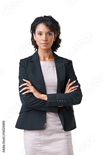 Portrait of a serious businesswoman with a stern look posing with her hands crossed Isolated on a PNG background. photo