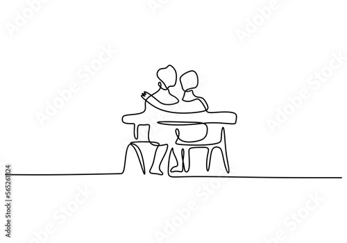 Hand drawing one line of mature couple sit on chair isolated on white background.