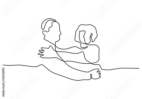 Hand drawing one line of mature couple hugging isolated on white background.