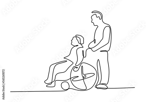Hand drawing one line of mature couple on wheel chair isolated on white background.
