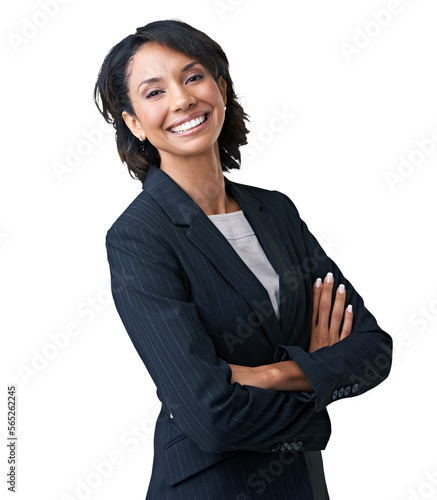 Fotografiet A portrait of a happy businesswoman laughing and posing with her hands crossed in formal wear Isolated on a PNG background