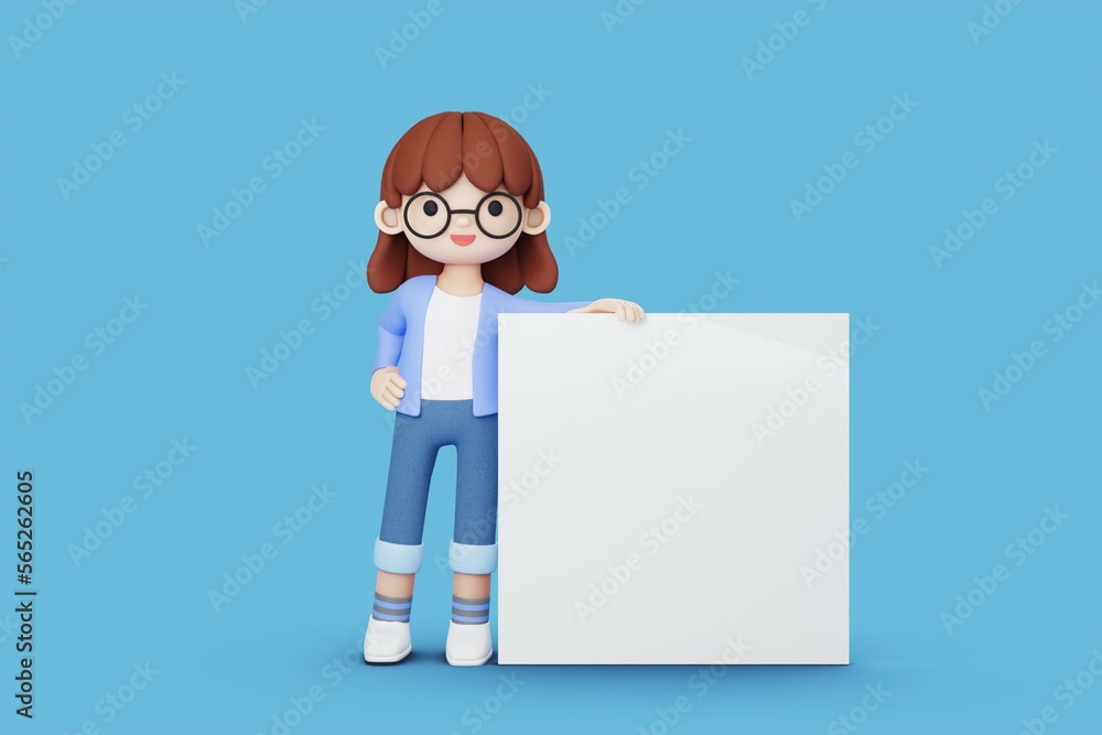 girl character with glasses stands next to a whiteboard 3d illustration