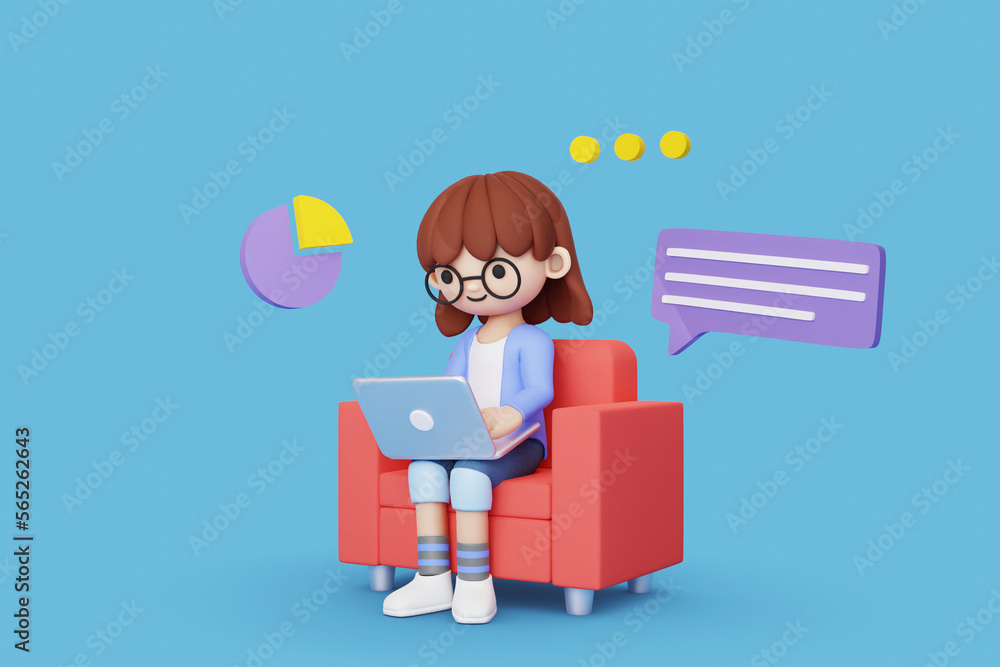 girl character with glasses working with laptop on a couch 3d illustration