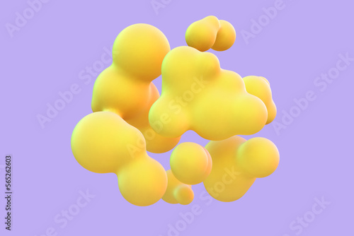 3D abstract liquid bubbles on gray background. Concept of future science: floating spheres, organic shapes or particles. Fluid bright yellow surreal shapes in motion EPS 10, vector illustration.