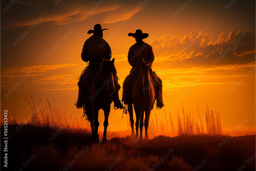 Two cowboys in front of a beautiful sunset. AI generated. Two cowboys in front of a beautiful sunset. AI generated.