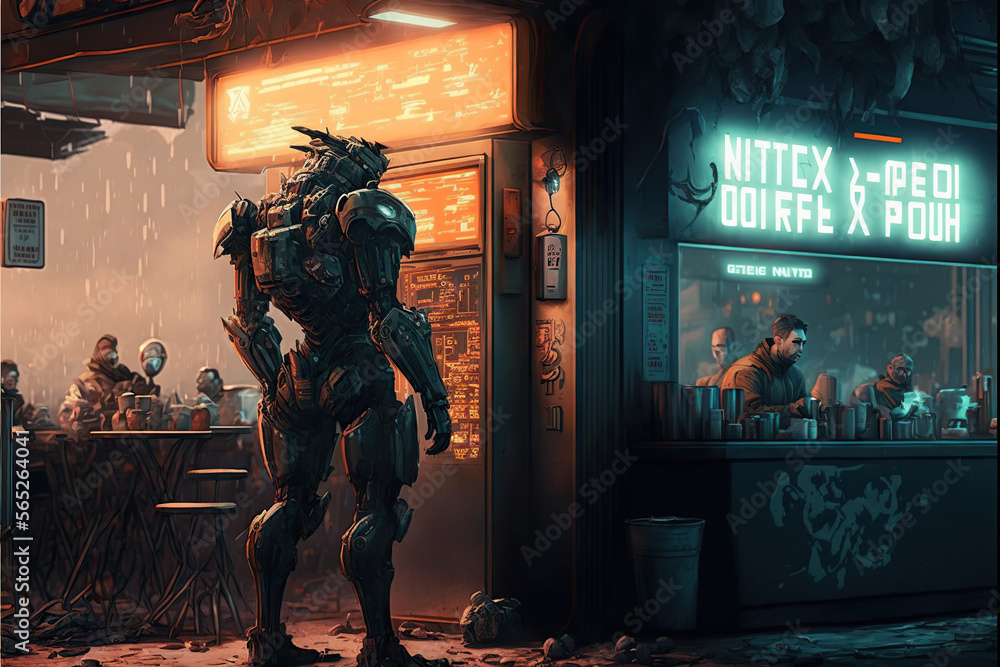 Robot Look at Futuristic Cyber Punk Coffee Shop. Generated AI