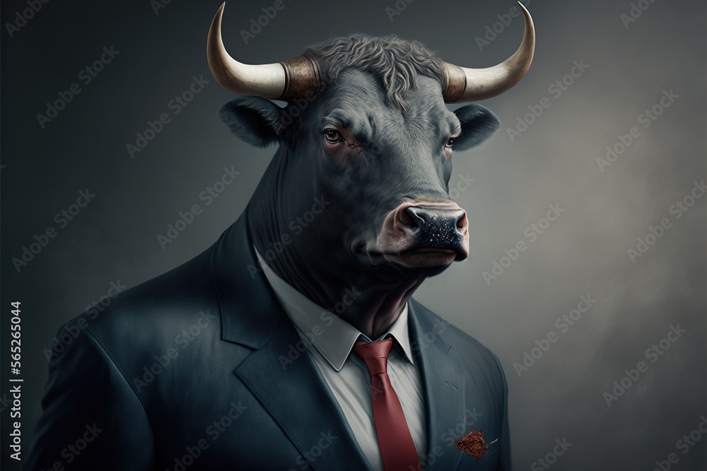 Portrait of a Bull dressed in a formal business suit, generative ai Portrait of a Bull dressed in a formal business suit, generative ai