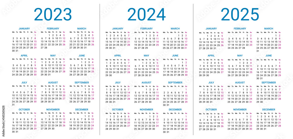 2023 to 2025 years calendar design template, week starts on Sunday ...