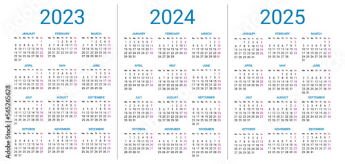 2023 to 2025 years calendar design template, week starts on Sunday. Simple year wall calendar mockup, corporate design planner template vector illustration