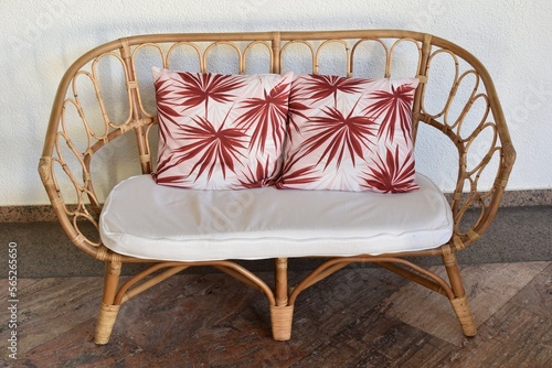 Curved, antique wood furniture,two pillows