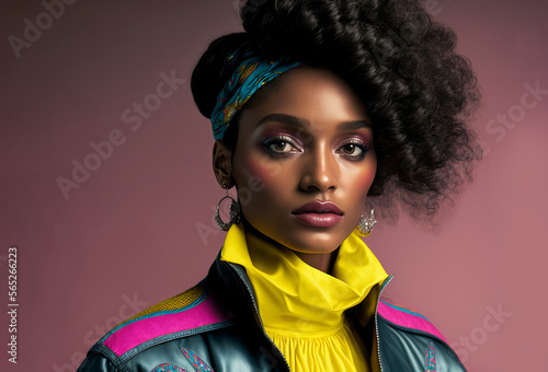 1980s vintage fashion portrait. Black woman with retro 80's style. Generative ai