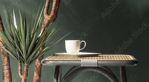 Black steel table with rattan top, white coffee cup with tray, dracaena tree in sunlight, leaf shadow on matte green wall for luxury organic cosmetic, skincare, beauty treatment product background 3D  photo