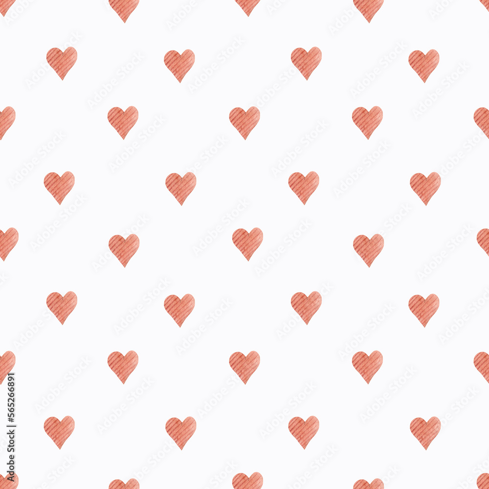 Pattern with red hearts, watercolor illustration.