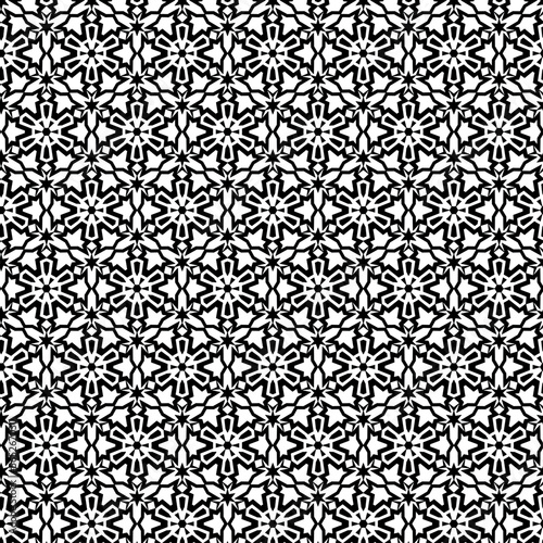Monochromatic decorative geometric linear winter snowy lace pattern on black background
