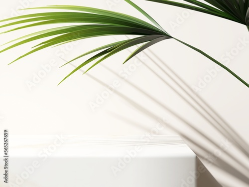 Modern minimal empty white marble stone counter table top, palm tree in sunlight, leaf shadow on wall background for luxury organic cosmetic, skin care, beauty treatment product display 3D