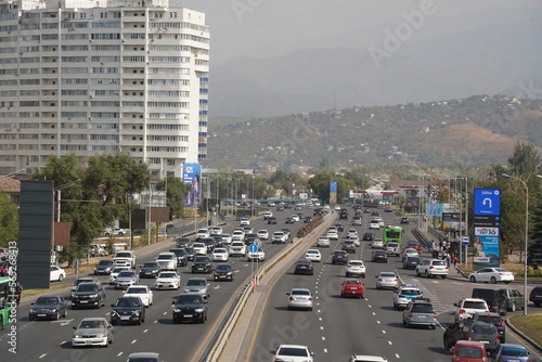 Almaty, Kazakhstan - 09.18.2022 : A traffic interchange with a lot of traffic in the central part of the city.