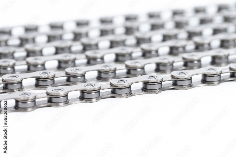 Closeup Image of New Clean Oiled Bicycle Chain Image Texture Isolated Over White Background