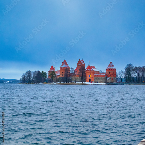 Lithuania Travel Ideas. Trakai Medieval Castle with Towers of Red Bricks in Lithuania over Galve Lake.