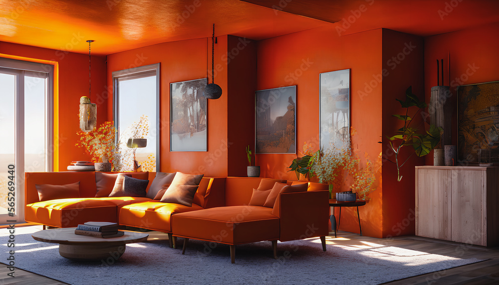Fototapeta premium A vibrant bohemian-inspired living room with bold orange accents and a cozy, lived-in feel. Generative AI