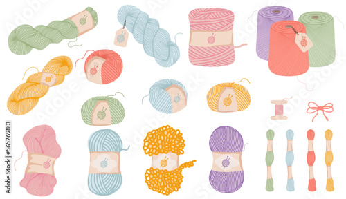 Set of yarns for knitting. Female hobby. Hand drawn vector illustration of knitting supplies, hobby items, leisure time concept