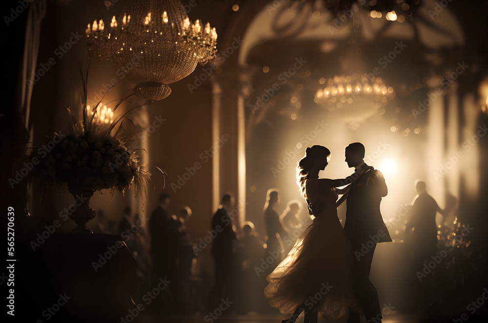 A Couple Dancing in a Romantic Ballroom, with a Chandeliers in the Background - Generative AI - obrazy, fototapety, plakaty 