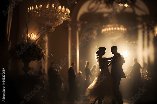 Fotografering A Couple Dancing in a Romantic Ballroom, with a Chandeliers in the Background -