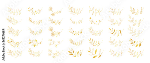 Set of golden botanical elements vector. Collection of elegant gradient gold floral leaf branch line art design isolate on white background for decoration, invitation, greeting, wedding card, banner.