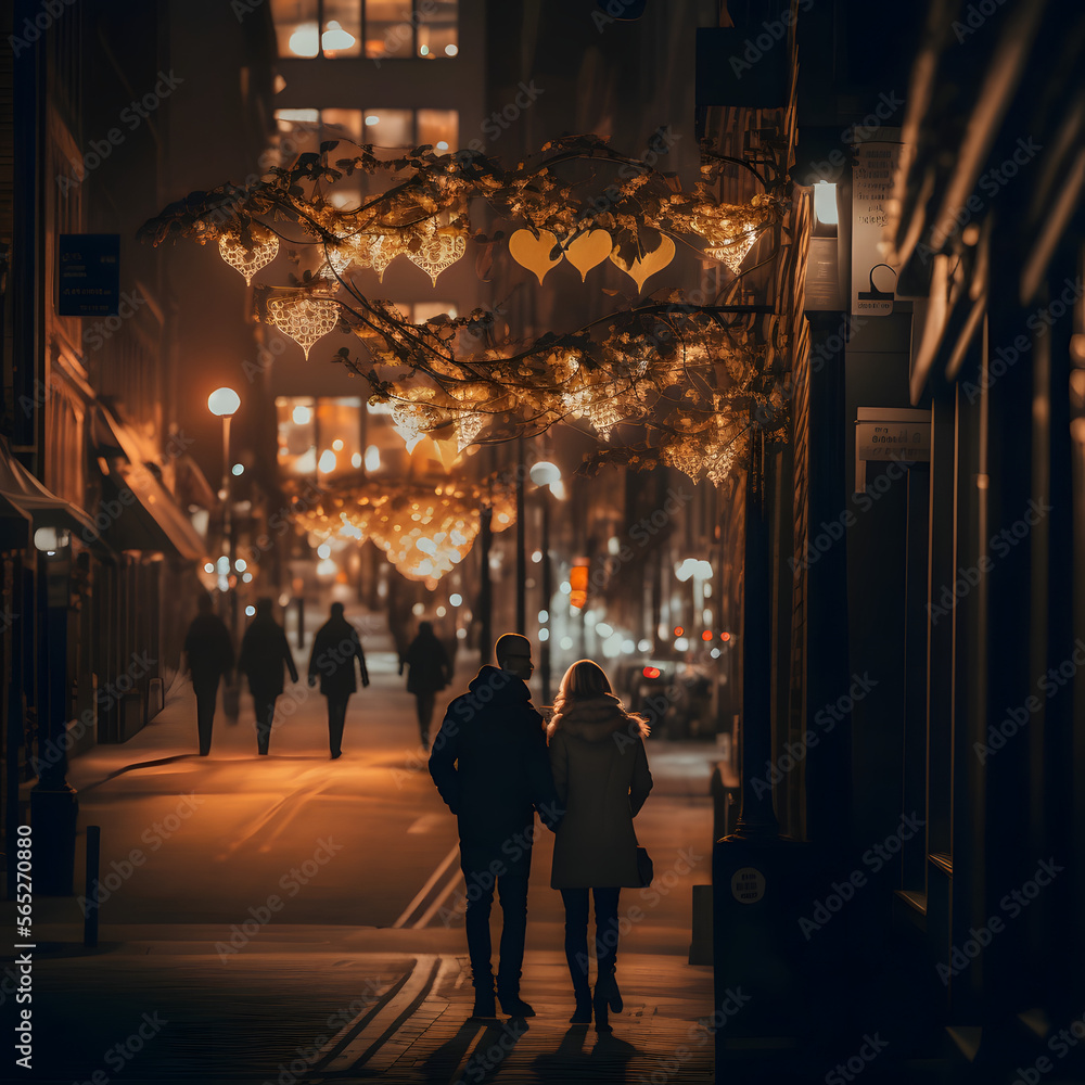 A Couple Taking a Romantic Stroll Through a City, With the Streets Decorated for Valentine's Day at Night - Generative AI