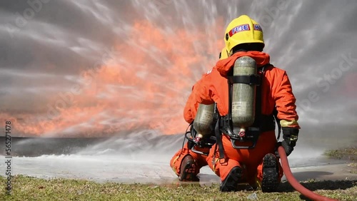 firefighter training new fireman team. Fire fighter learning stop fire burn under emergency case at fire station. rescue service of Emergency Care System of Insurance team.