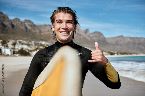 Canvas Print Shaka hand sign, beach and surfer with surfboard for fitness, fun and adventure on vacation