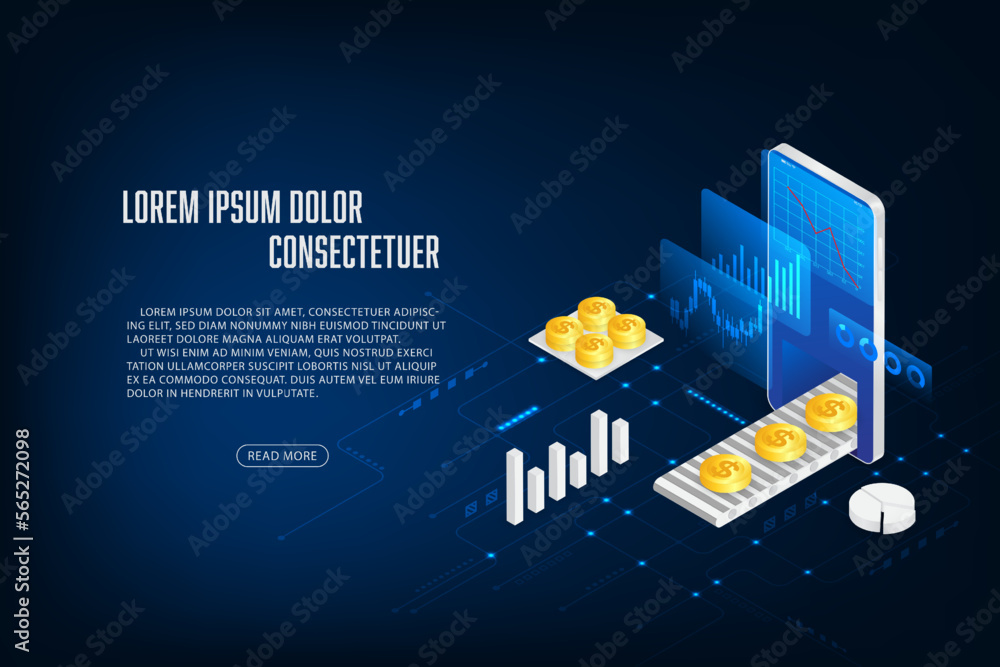 Vector finance and trading online application concept. Mobile phone and coint isometric. Vector finance and trading online application concept. Mobile phone and coint isometric.