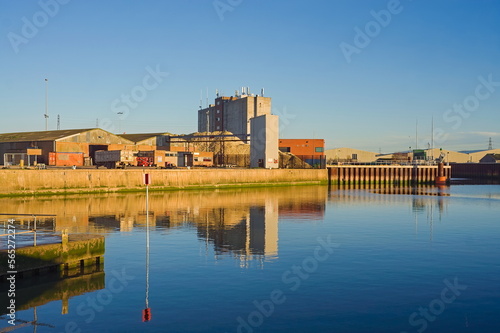 The docks on the River Haven at high tide with reflections in the water on a sunny day. Boston Lincs. UK