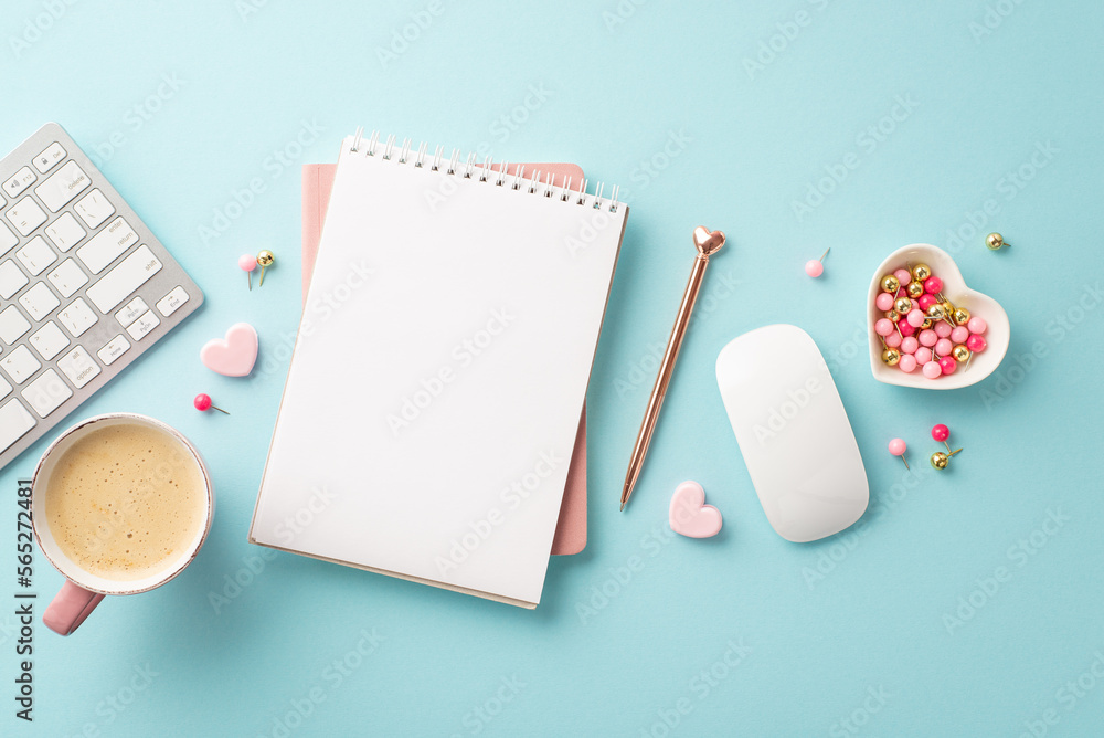 Top view photo of open notepad pen keyboard computer mouse heart shaped pushpins holder and cup of coffee on isolated pastel blue background with copyspace Top view photo of open notepad pen keyboard computer mouse heart shaped pushpins holder and cup of coffee on isolated pastel blue background with copyspace